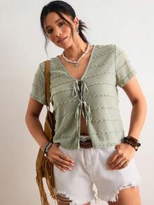 Freevana Blusa casual da donna taglie forti con maniche corte, arricciatura sul davanti e laccio frontale, in colore unito - Verde - Visualizzare 6