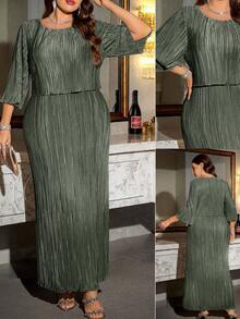 Reflora Plus Size Elegant Solid Color Dress, Suitable For Party Fall - Olive Green - View 1