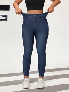Flexra Jeans casuales y versátiles de cintura alta con bolsillos cargo para mujer - Azul lavado medio - Ver 5