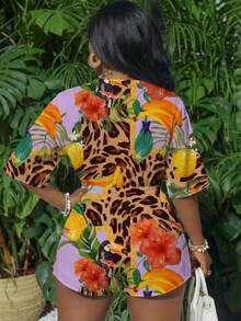 Slaydiva Mono holgado de vacaciones con manga 3/4, abertura y nudo delantero en blanco - Multicolor - Ver 2