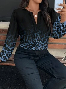 EMERY ROSE Plus Size Ombre Leopard Print V-Neck Long Sleeve Shirt - Multicolor - View 6
