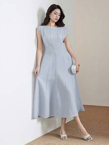 Heiryn Women's Elegant Solid Color Batwing Sleeve Dress - Gray Blue - View 7