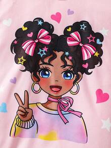 SHEIN 2件套女童图案针织圆领T恤和打底裤睡衣套装 - 淺粉色 - 查看 5