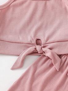 SHEIN 2pcs/Set Young Girl Light Pink Ribbed Knit Camisole And Shorts Set,Summer Matching Holiday Family Vacation Resort Wear Tweens Two Piece Outfits,Cute - Pink - View 8