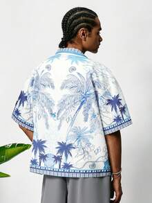 PAVTROS Men's Casual Tropical Print Lapel Collar Short Sleeve Loose Shirt, Summer Beach Holiday - Blue and White - View 3