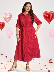 Comfylo Vestido casual versátil de talla grande con botones frontales y diseño hueco de unicolor - Rojo - View 3