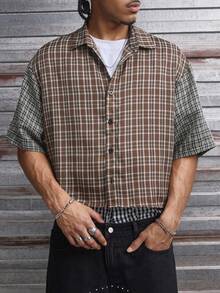AXEPEAK 男士格子印花拼接前开襟休闲短袖衬衫 - 彩色 - 查看 3