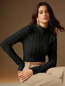 Anewsta Elegant Flocked Lace Turtleneck Undershirt For Women, High-Quality Autumn/Winter Layering Top - Black - View 4