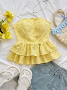 Soleia Woman Vacation Ladies Casual Goose Yellow Jacquard Tie Backless Peplum Tube Summer Cute Lunch Casual Back To School Yellow Top - Light Yellow - View 3