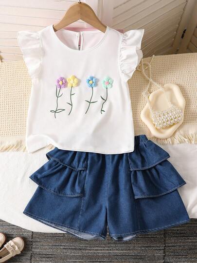 少女夏季休闲3D立体花卉装饰荷叶边下摆上衣和短裤套装