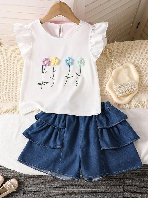 少女夏季休闲3D立体花卉装饰荷叶边下摆上衣和短裤套装