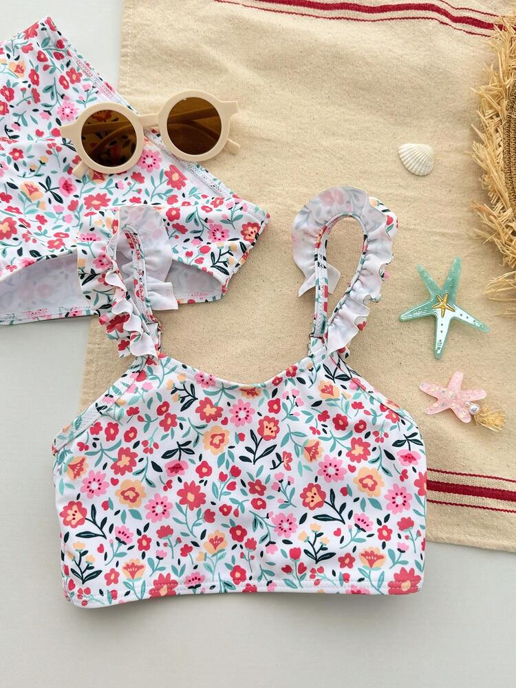 Young Girl Floral Print Frill Trim Cute Swimwear Set