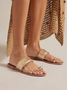 SHUZIA Fashionable Ladie's Gold Toe Ring-Loop, Flat Sandal Non-Slip Stylish Comfort Open Toe Spring Summer Chic Holiday Beach Wear Shoes - Gold - View 4