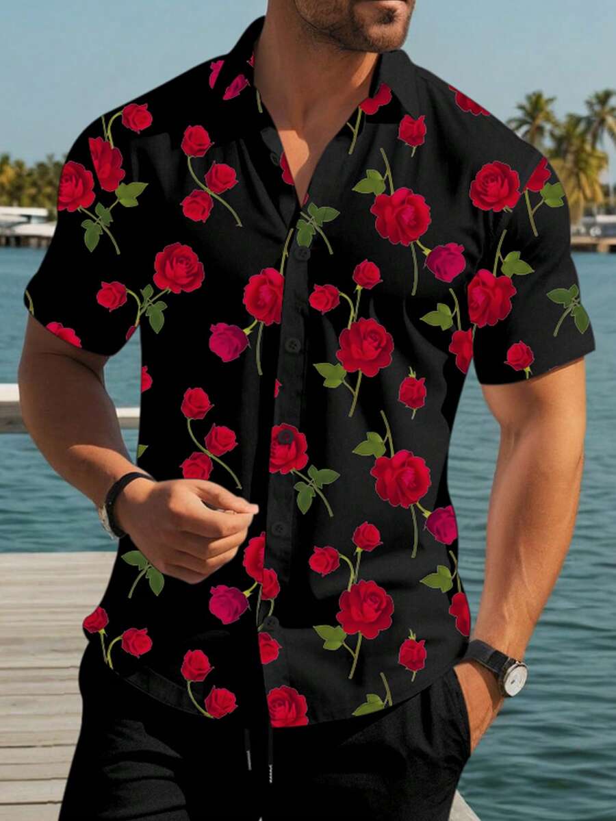 Manfinity RSRT Camisa de manga corta con botones delanteros y estampado de flores de rosa, para hombre, casual de verano - Multicolor - Ver 1