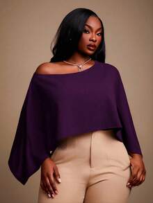 Radiana Plus Size Women's Elegant Daily Basic Dark Purple Solid Color Elegant Off Shoulder Batwing Cape Style Bodysuit Party Night Autumn Winter - Purple - View 5