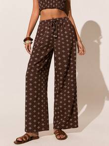 Poéselle Pantalones anchos de pierna ancha con estampado todo sobre, cintura con cordón y bolsillos, para uso diario, pantalones marrones, pantalones de playa, pantalones casuales, para verano para mujeres, pantalones de playa para mujeres, pantalones de vacaciones para mujeres - Marrón - Ver 5