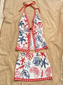 Soleia Conjunto de Praia Feminino 2 Peças, Top Halter com Decote em V e Amarração com Estampa de Estrela-do-Mar e Vida Marinha & Saia de Cintura Baixa, Azul Marinho e Branco, Verão, Boho, Férias, Roupa de Praia - Multicolorido - Visão 6