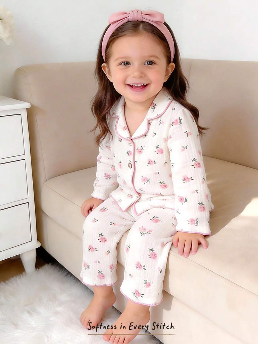Cozy Pixies 2pcs Baby Girl Floral Print Lapel Collar Long Sleeve Cardigan And Elastic Waist Pants Set - Pink - View 1