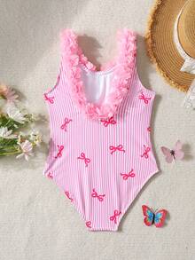 SHEIN Tween Girl Butterfly Striped Print 3D Floral One-Piece Swimsuit, Pink - Baby Pink - View 2