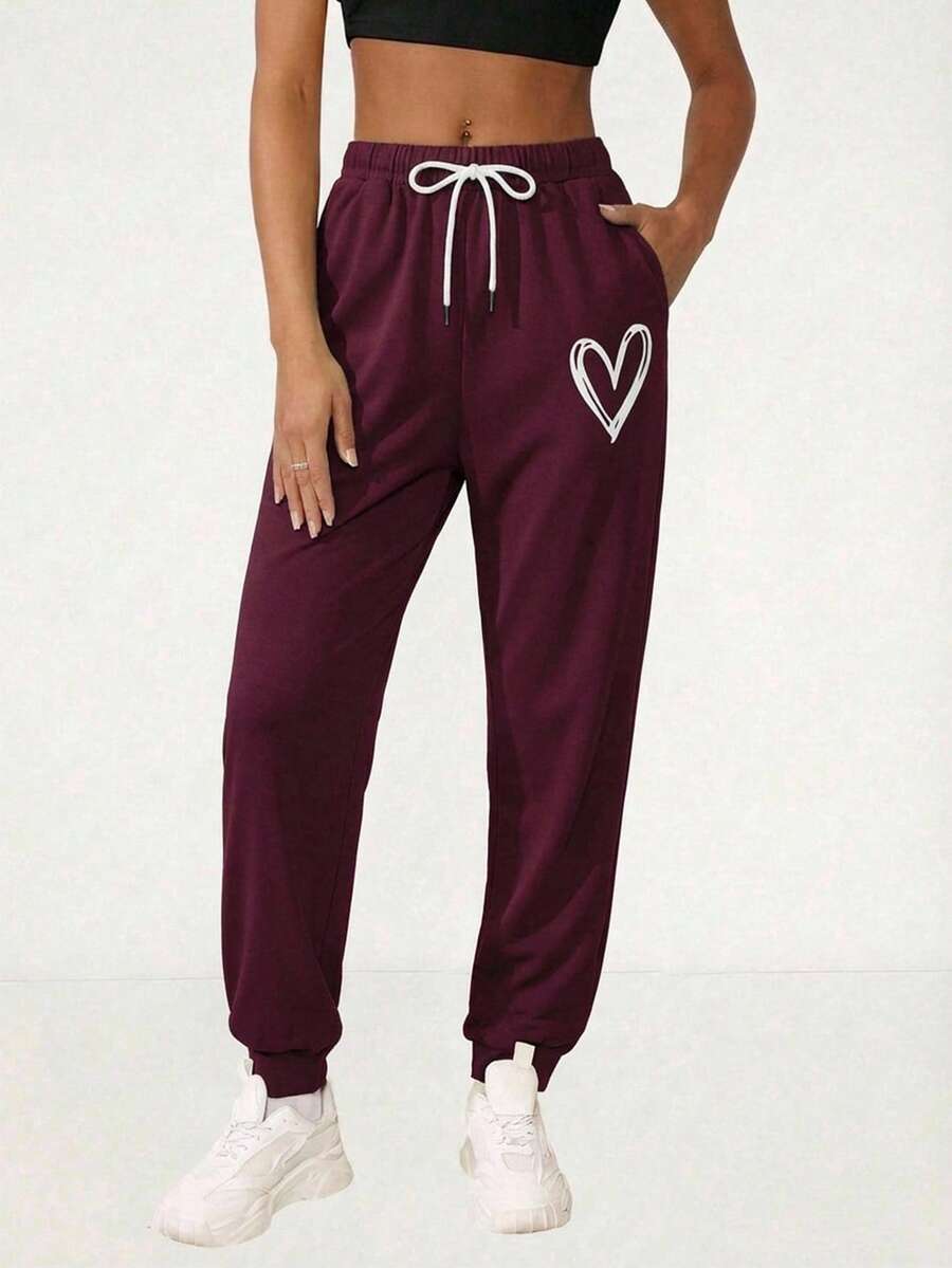 EURMUSE Quần jogger cạp rút họa tiết trái tim cỡ lớn cho nữ - Màu Đỏ Sâu - Xem 1