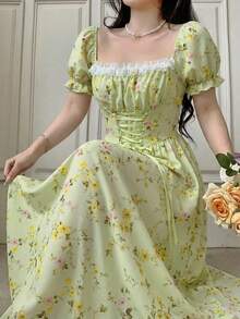 Glamine Charm 系带腰身泡泡袖拼接蕾丝印花连衣裙长款女装 - 綠色 - 查看 6