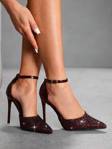 CUCCOO SZL 女士尖头细高跟酒红色亮片踝带镂空鞋，时尚性感，适合晚宴、夜店等场合，女士高跟鞋 - 格麗特酒紅 - 查看 7