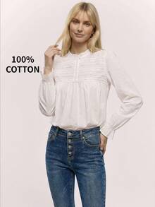 Muvela 2026 Spring/Summer New White Ruffled Collar Lace Trim Splice Striped Elastic Cuff Women's Cute Shirt, Elegant Party, British Style, Campus, Suitable For Outing, Date, Gathering, Music Festival, Commuting, Summer Holiday, Vacation - White - View 1