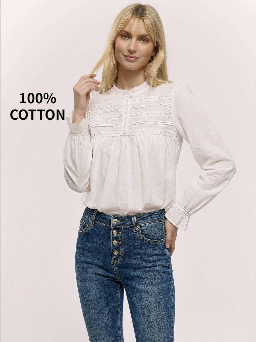 Muvela 2026 Spring/Summer New White Ruffled Collar Lace Trim Splice Striped Elastic Cuff Women's Cute Shirt, Elegant Party, British Style, Campus, Suitable For Outing, Date, Gathering, Music Festival, Commuting, Summer Holiday, Vacation - White - View 1