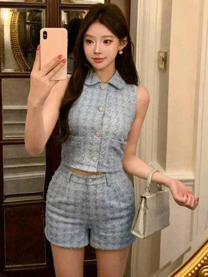 Spring & Summer Blue Houndstooth Vest And Shorts Set, Elegant For School, Valentine's Day, Wedding, Party, Commute Lounge Sets For Women Short Sets For Women