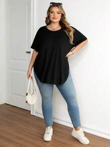 SHEIN CURVE+ Plus Size Summer Casual Solid Color Curved Hem Loose T-Shirt, Summer Tops Plus Size Oversized T-Shirt Plus Size T Shirts - Black - View 6
