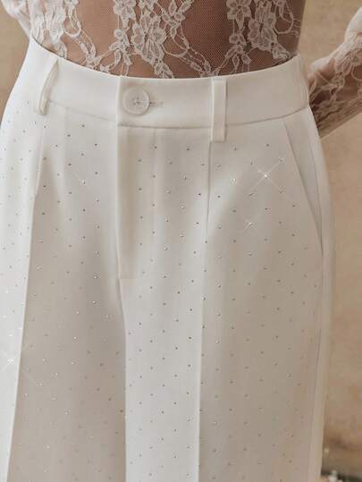 Elegant Party Vintage White Pants With Rhinestone Decoration, 3D Floral Craftsmanship, Slimming, Loose, Chic, Wide-Leg Design For Women