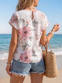 Sylviya Top Floral Con Mangas Dobladas, Nudo En El Dobladillo - Multicolor - Ver 2