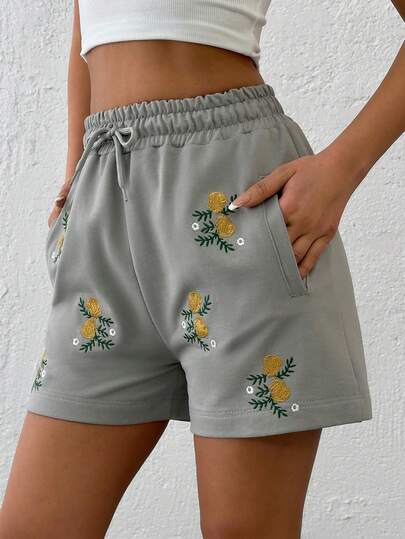 Cloudara Women's Elastic Waist Drawstring Casual Shorts With Pockets, Spring/Summer, Embroidery