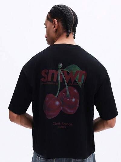 SUMWON T-shirt casual da uomo in cotone con grafica oversize a ciliegie, scollo a equipaggio, maniche corte, abbigliamento da strada estivo