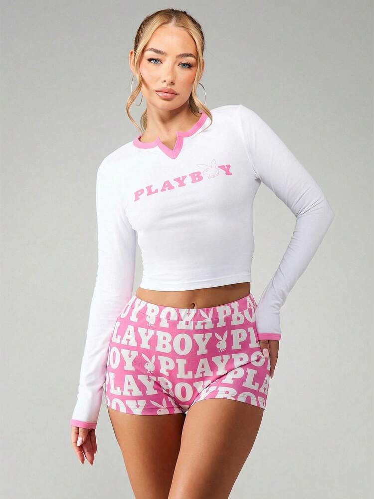 Missguided x Playboy Booty Shorts With All Over Print Logo Design Leisure Lounge Bottoms For Comfort, Vacation Outfit