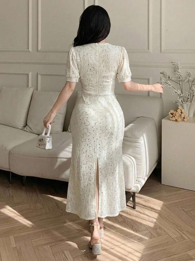 Women's Elegant French Style Short Sleeve Dress Sparkly Dress Sundress