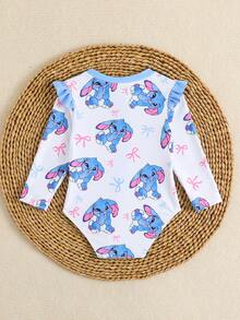 SHEIN 女童可爱蓝白拼接印花连体长袖泳衣，单层荷叶边数码印花设计，时尚休闲优雅，适合游泳、度假、夏季泳装。蓝色连体泳衣，沙滩装，防晒泳衣，女童泳衣，带袖防晒泳衣，长袖泳衣，女童长袖泳衣。 - 藍白色 - 查看 2