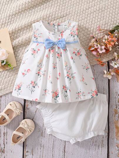 SHEIN Souflis Baby Girl Floral Print Bow Decor Vest And Shorts Cute Set