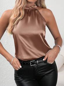 SHEIN Clasi 女士纯色立领无袖褶皱衬衫 - 駝色 - 查看 6