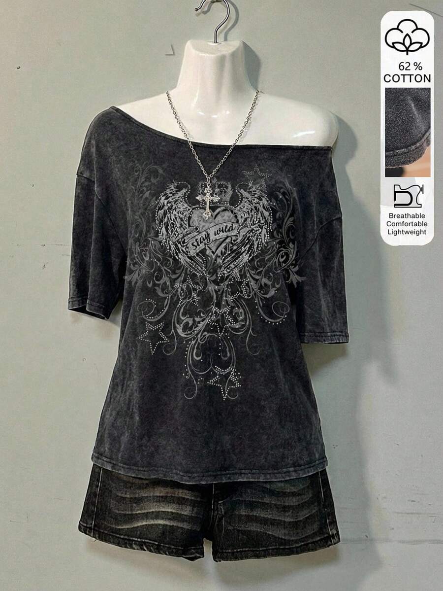 Attitoon Áo thun nữ dáng rộng, chất liệu 62% cotton, màu đen pha xám, in hình trái tim có cánh theo phong cách Punk – Thích hợp cho lễ hội miền Tây và mùa tựu trường, phong cách đường phố mùa hè thoải mái, retro vintage Y2K Grunge Goth Punk Hip-Hop, phù hợp cho câu lạc bộ, phòng tập, thể thao. - màu đen - Xem 1