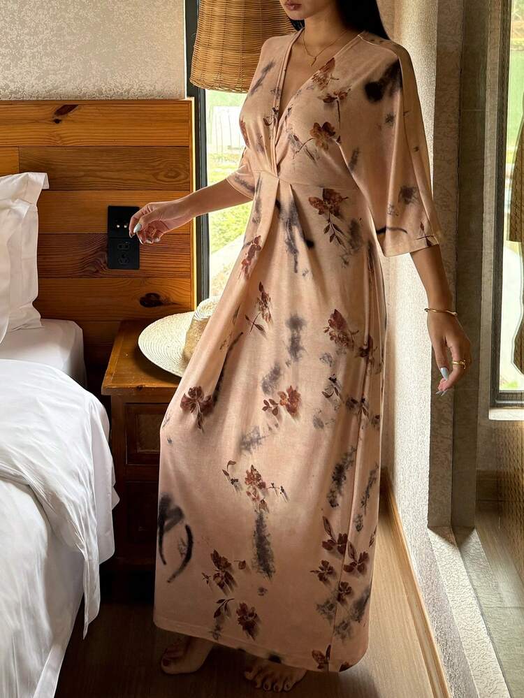 Tie-Dye Print Cinched Waist Long Women's Nightgown, Spring/Summer