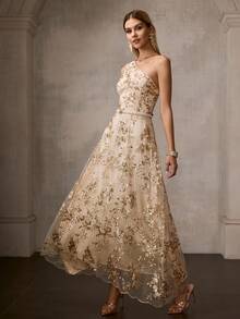 MOTF PREMIUM VESTIDO ASIMÉTRICO CON CUELLO DE LENTEJUELAS DE CONTRASTE - Dorado - Ver 9