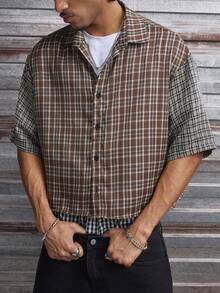 AXEPEAK 男士格子印花拼接前开襟休闲短袖衬衫 - 彩色 - 查看 2