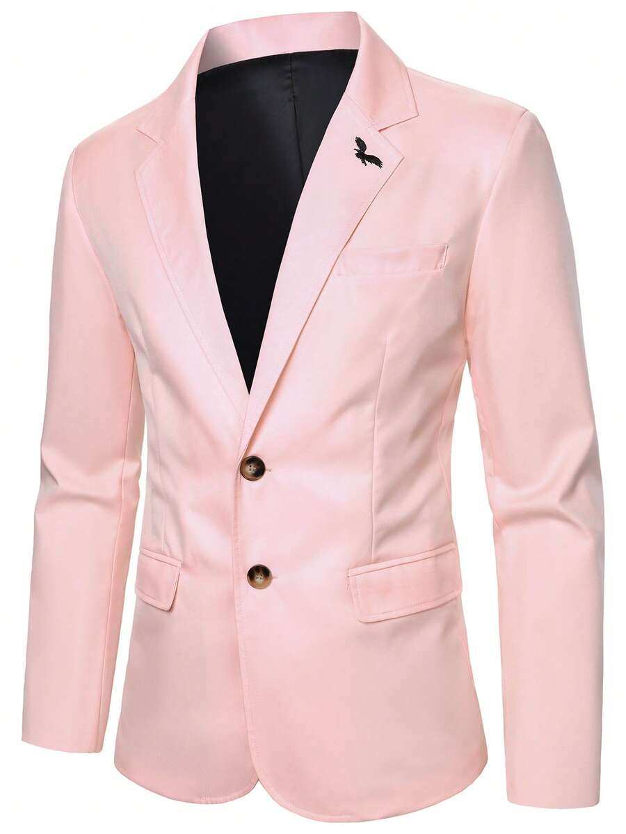 Manfinity AFTRDRK Men's Notched Collar Bird Embroidery Single-Breasted Long Sleeve Suit Jacket, Fashionable Commuter Outerwear - Pink - View 1