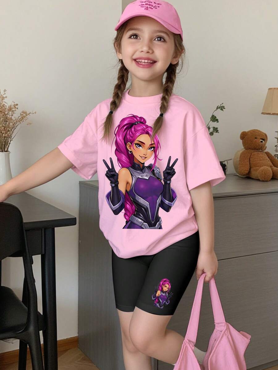 SHEIN 2pcs/Set Young Girl Casual K-Pop Cartoon Character Print, K-Pop Style Printed Clothes, K-Pop Cartoon Figures 2-Piece Set, Pink & Black Matching, Korean Wave Fan Gift, Music, Concert, Fashionable Girls Children Clothing, Boys & Girls Kimetsu No Yaiba Kids Girls Character Shirts Anime Girl Shirt - Multicolor - View 1