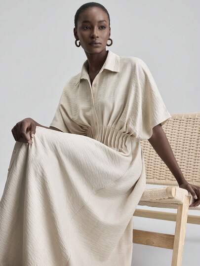 Ontre 2026ss Women's Solid Color Turndown Collar Single-Breasted Casual Daily Party Dress Beach Clothing, All Season  Ins Celebrity Same Style Vacation Style, Exotic Atmosphere, Country Concert, Western Style Clothing, High-Grade Fabric, Comfortable And Breathable Bohemian Style Vacation Wear Modern Urban Casual Fashion Business Casual Women's Office Wear Low-Key Old Money Style Linen Dress Formal Dress Linen Outfits For Women Dresses For Women Summer Neutral Dresses For Women