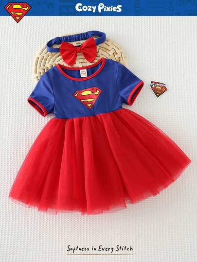 SUPERMAN X Cozy Pixies 2pcs Baby Girl Colorblock Knit Soft Round Neck Short Sleeve Waist Dress & Headband Set