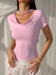 SHEIN EZwear Áo thun tay ngắn cổ tròn ôm sát, màu hồng, kiểu dáng thường ngày, thích hợp cho mùa hè. - Hồng - Xem 6