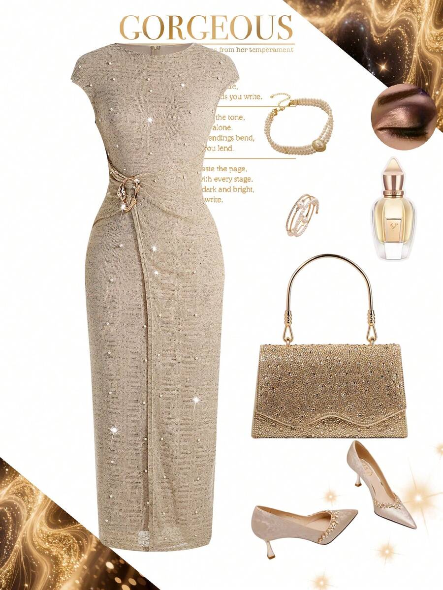 Ellevyn 夏季杏色亮面雪纺圆领短袖时尚金属装饰修身连衣裙（女款）