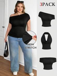 SHEIN CURVE+ 大码女式纯色褶皱领多功能时尚背心，共3种款式，情人节特惠 - 黑色 - 查看 1